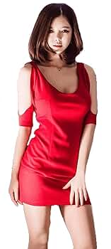 Amazon.co.jp: ワンピース ノースリーブ ミニ 赤 タイト オフ